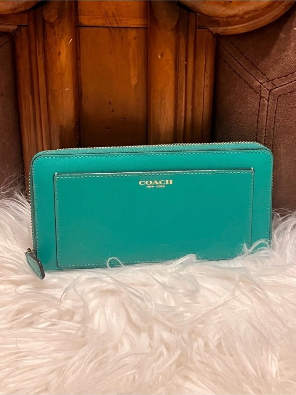 COACH Teal Zip-Around Leather Wallet with Gold Logo
